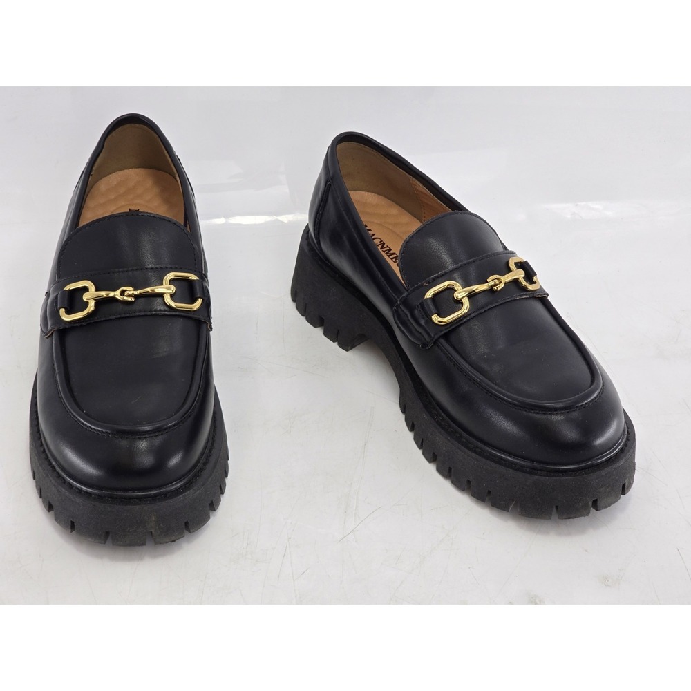 Black Leather Lug Sole Loafers Gold Bit Slip On Chunky Platform Shoes‎ Size 7.5